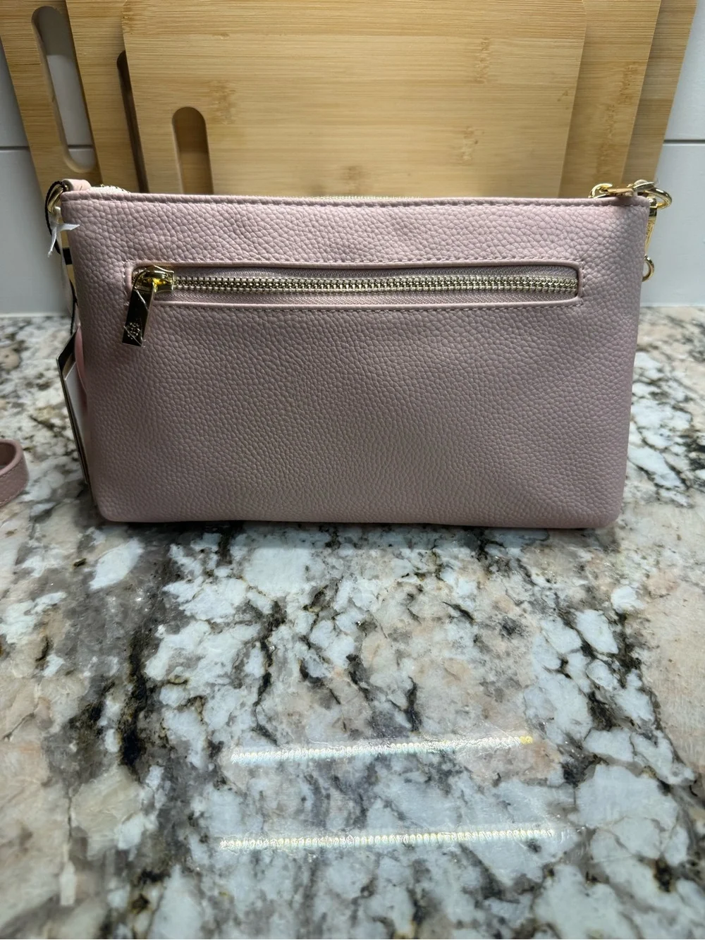 Nanette Lepore Pink and Cream Leather Wristlet with Removable Gold Cross Chain